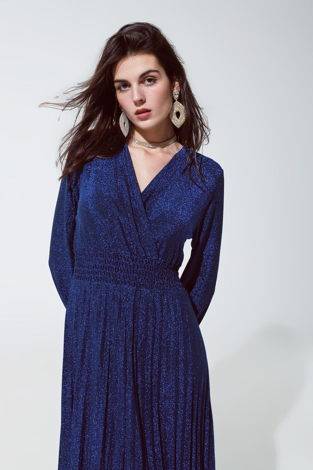 Blue shiny fitted high waist maxi dress with V neck Q2 Dresses BoutiqueLua