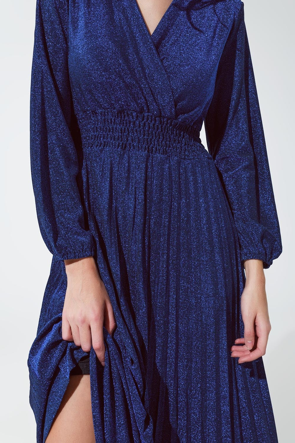 Blue shiny fitted high waist maxi dress with V neck Q2 Dresses BoutiqueLua