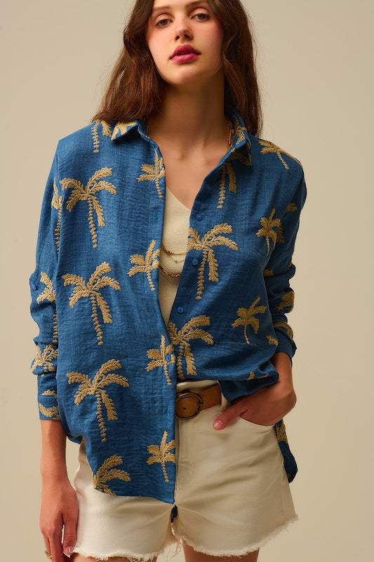 Blue Shirt with beige Palm Tree Embroidery - Shirts