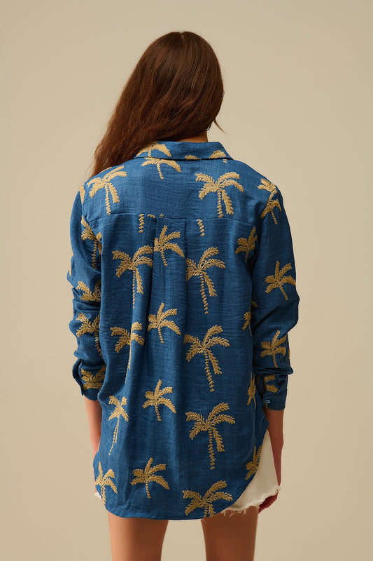Blue Shirt with beige Palm Tree Embroidery - Shirts
