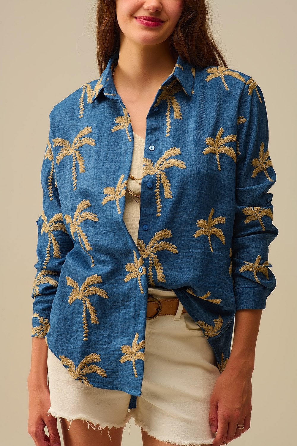 Blue Shirt with beige Palm Tree Embroidery - Shirts