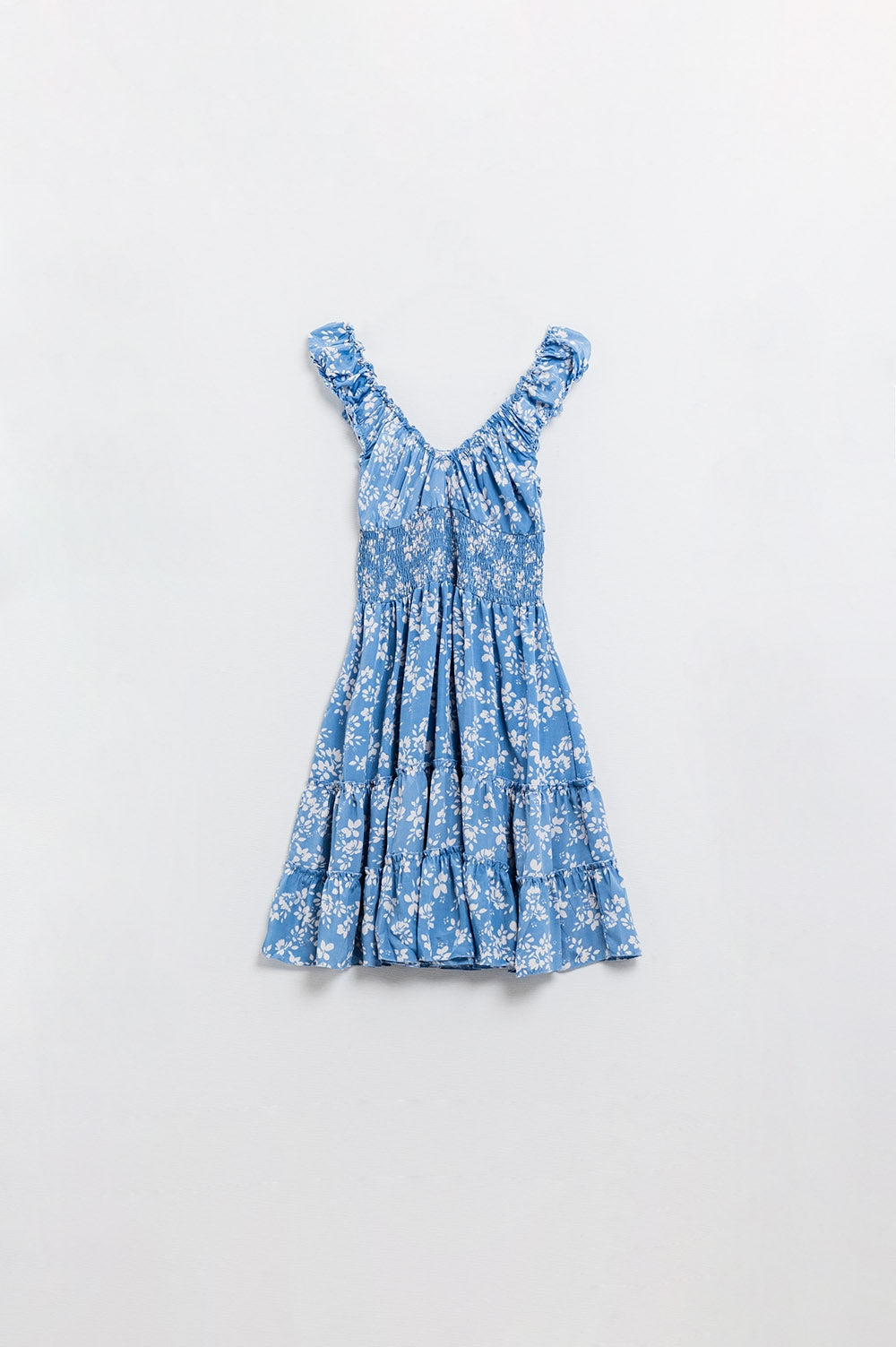 Blue Short dress With White Floral Print And Elastic Waist - Dresses