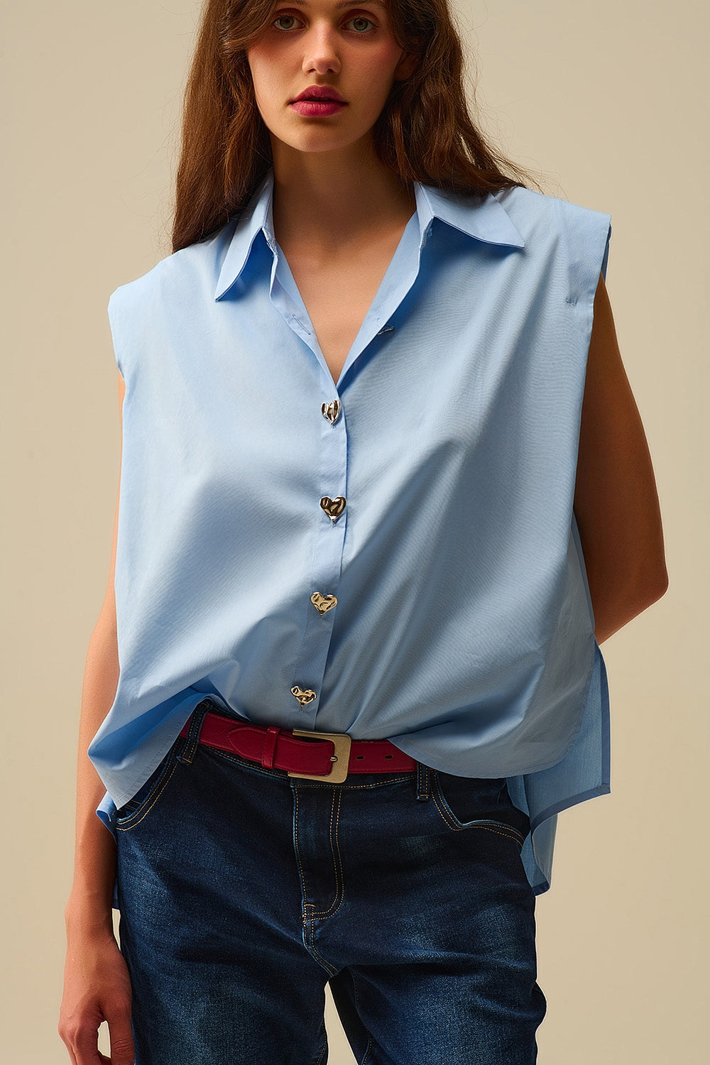 Blue Sleeveless Blouse with Heart-shaped Buttons - Shirts
