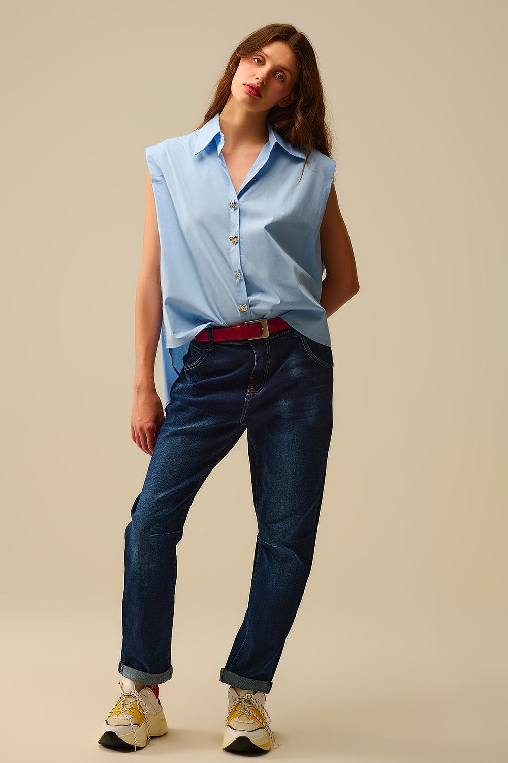 Blue Sleeveless Blouse with Heart-shaped Buttons - Shirts