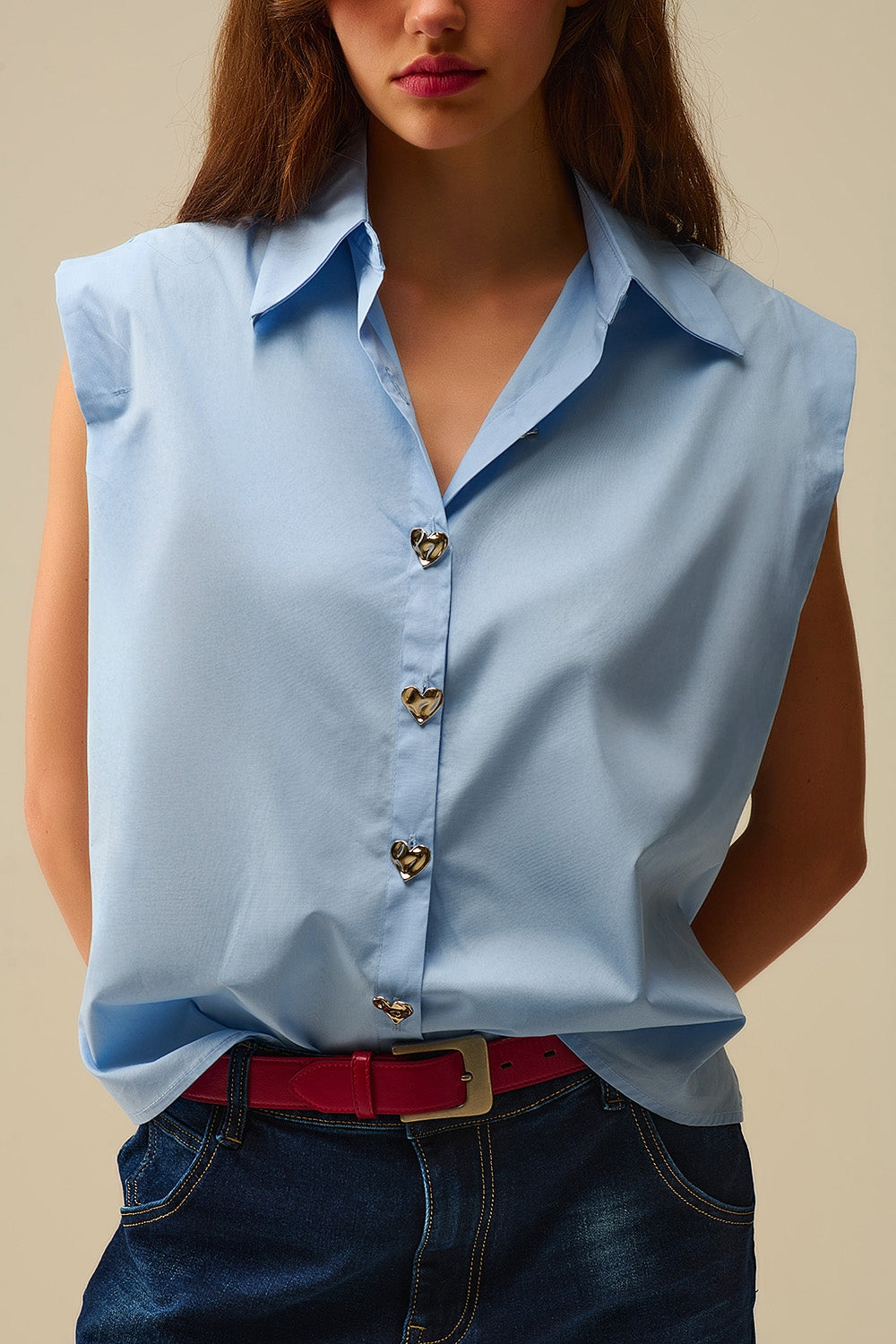Blue Sleeveless Blouse with Heart-shaped Buttons - Shirts