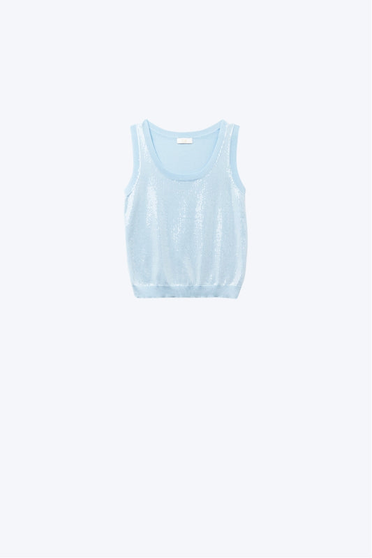 Blue sleeveless knitted sweater with sequins - Sweaters
