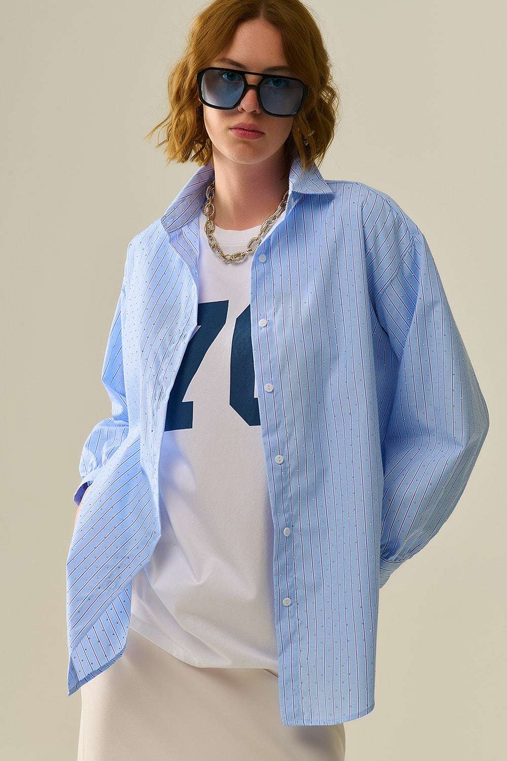 blue striped poplin shirt embellished with strass - Shirts