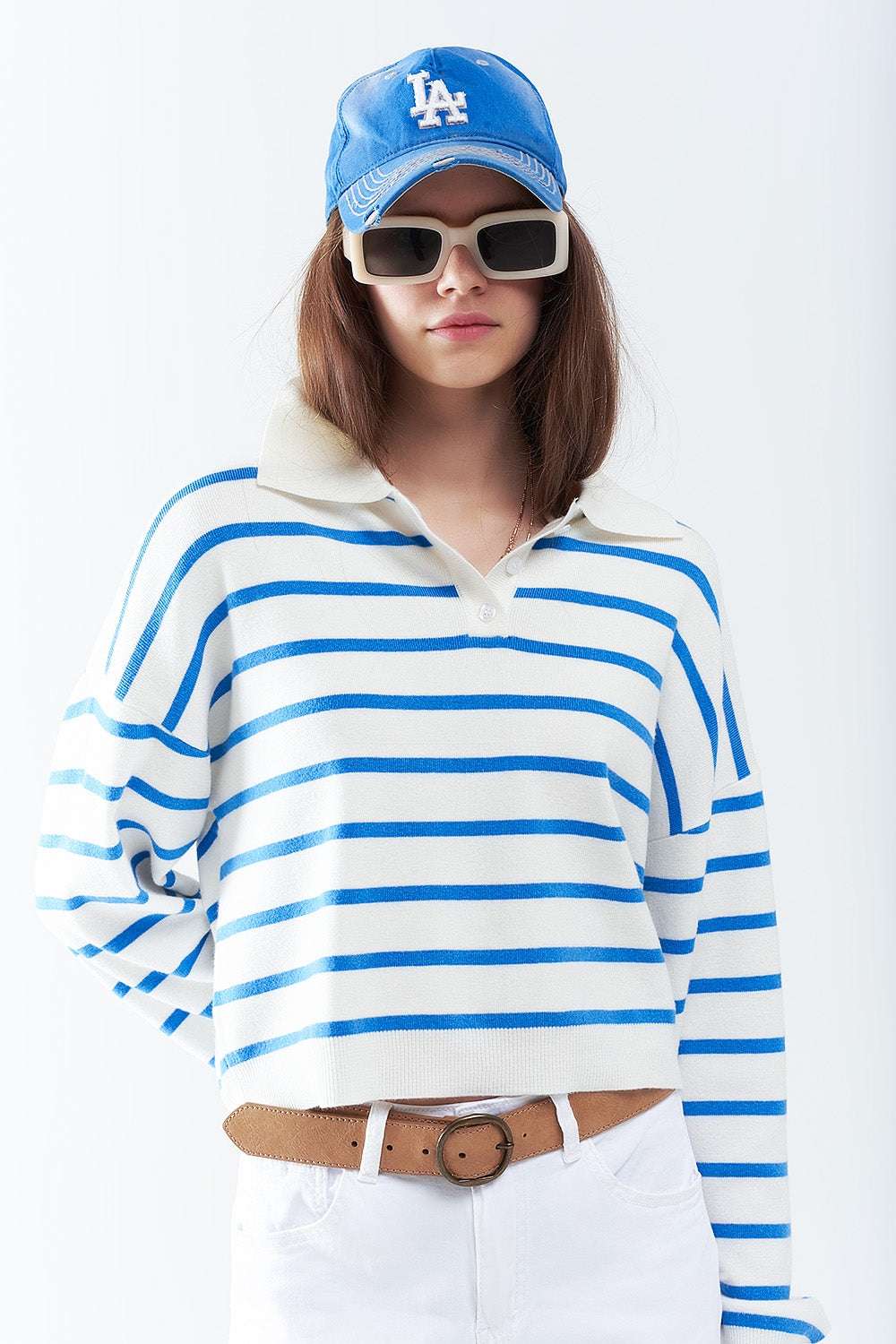 blue striped soft knit polo