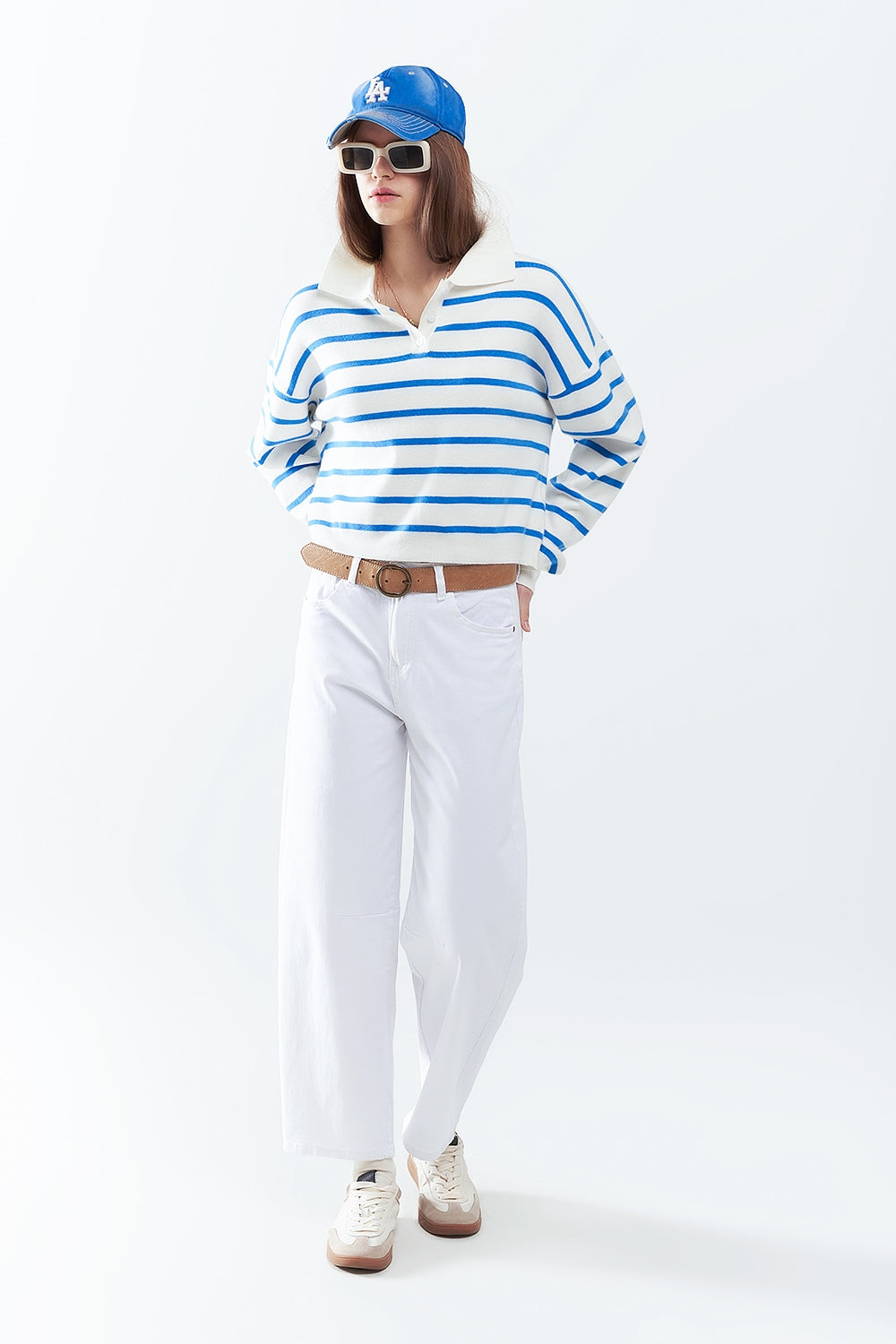 blue striped soft knit polo