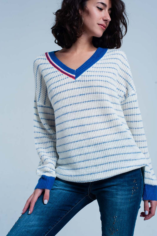 Blue Striped Sweater with V-neck - Jumpers