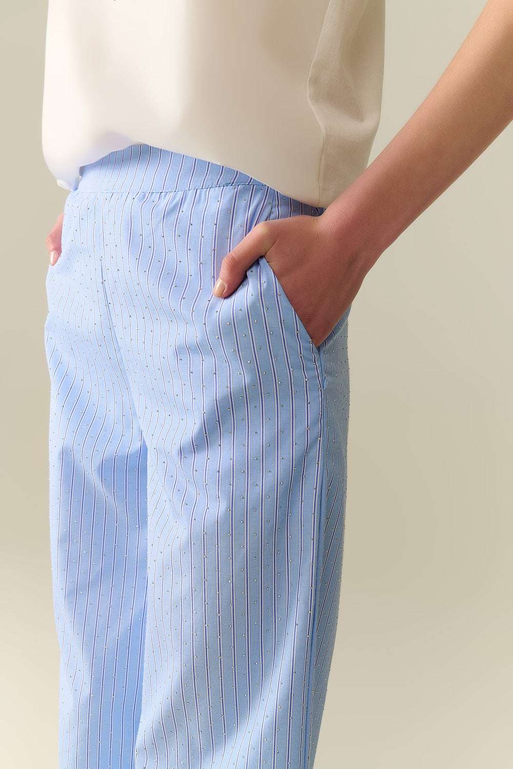 Blue Striped wide Leg Pants With strass Embellishment - Trousers