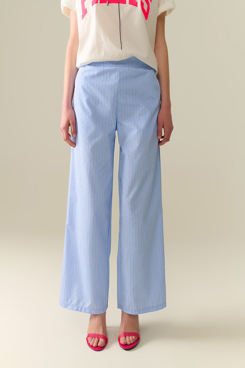Blue Striped wide Leg Pants With strass Embellishment - Trousers
