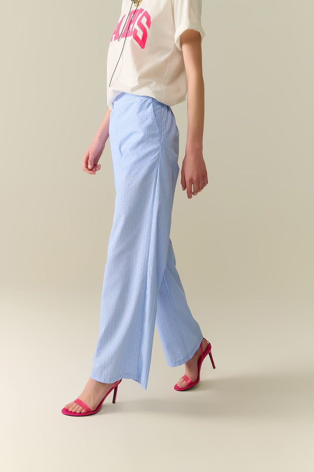 Blue Striped wide Leg Pants With strass Embellishment - Trousers