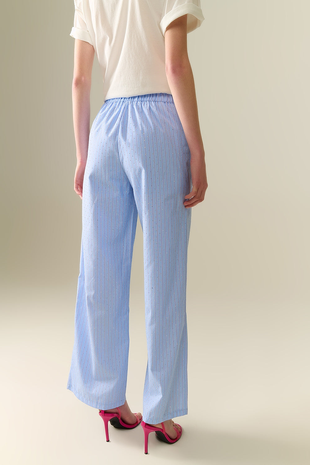 Blue Striped wide Leg Pants With strass Embellishment - Trousers