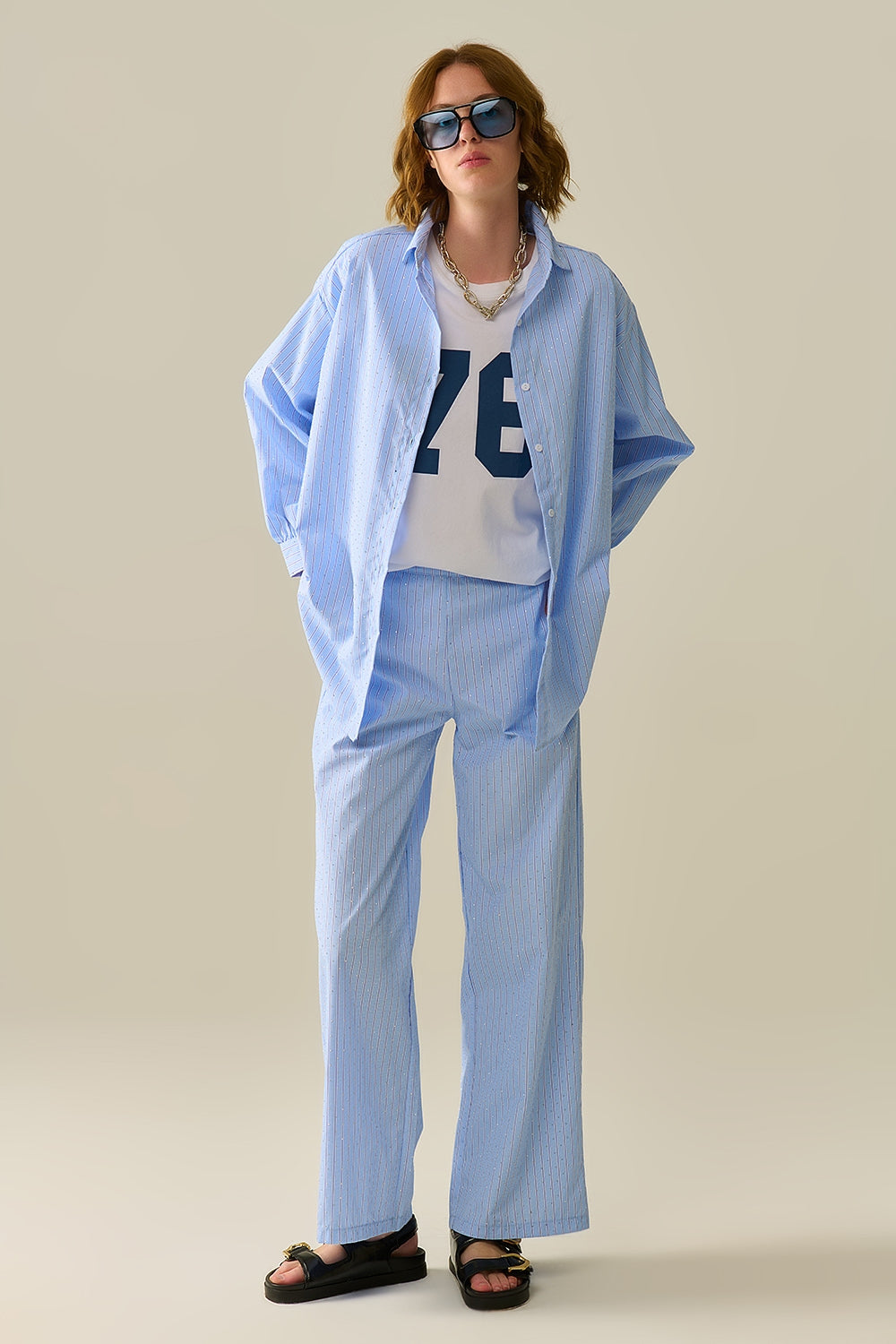 Blue Striped wide Leg Pants With strass Embellishment - Trousers