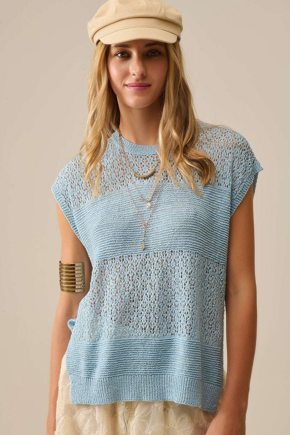 Blue sweater with soft open knit and dropped sleeves - Jumpers