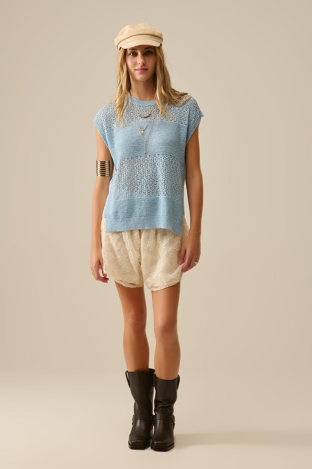 Blue sweater with soft open knit and dropped sleeves - Jumpers