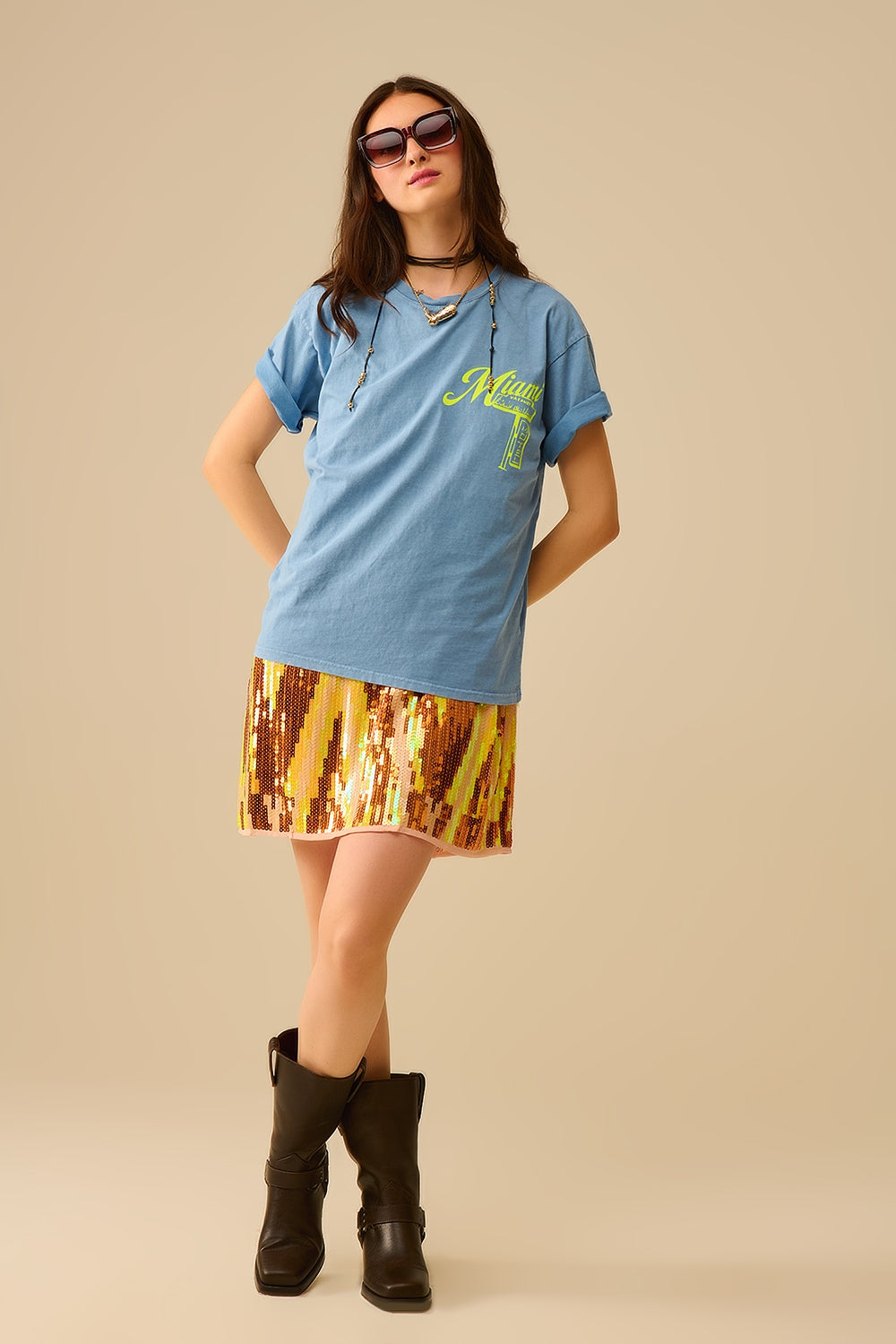 blue T-shirt with Miami logo print in yellow - T-Shirts