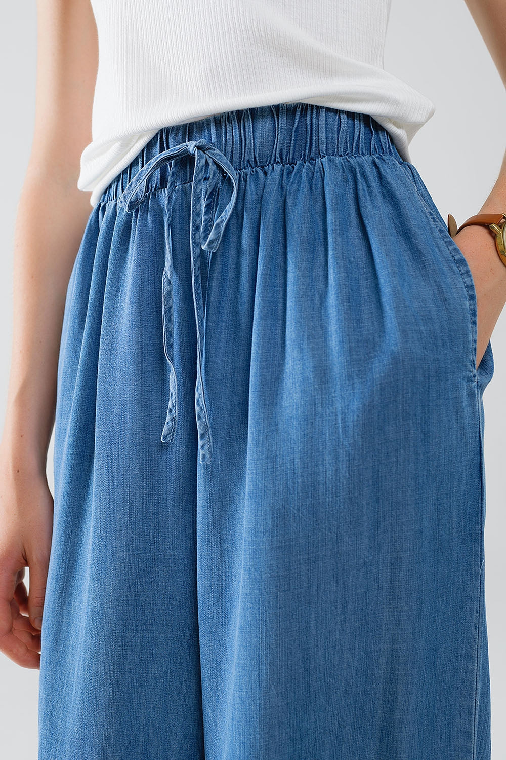 Blue tencel Denim-Style Wide-Leg Fluid Pants Q2 Pants BoutiqueLua