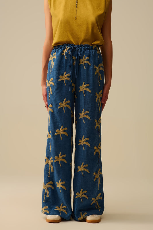 Blue Wide-Leg Trousers with beige Palm Tree Embroidery - Pants
