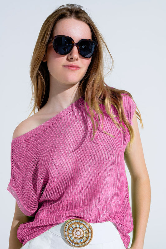 Boat Neck Ribbed Sweater With Cap Sleeves in pink - T-shirts