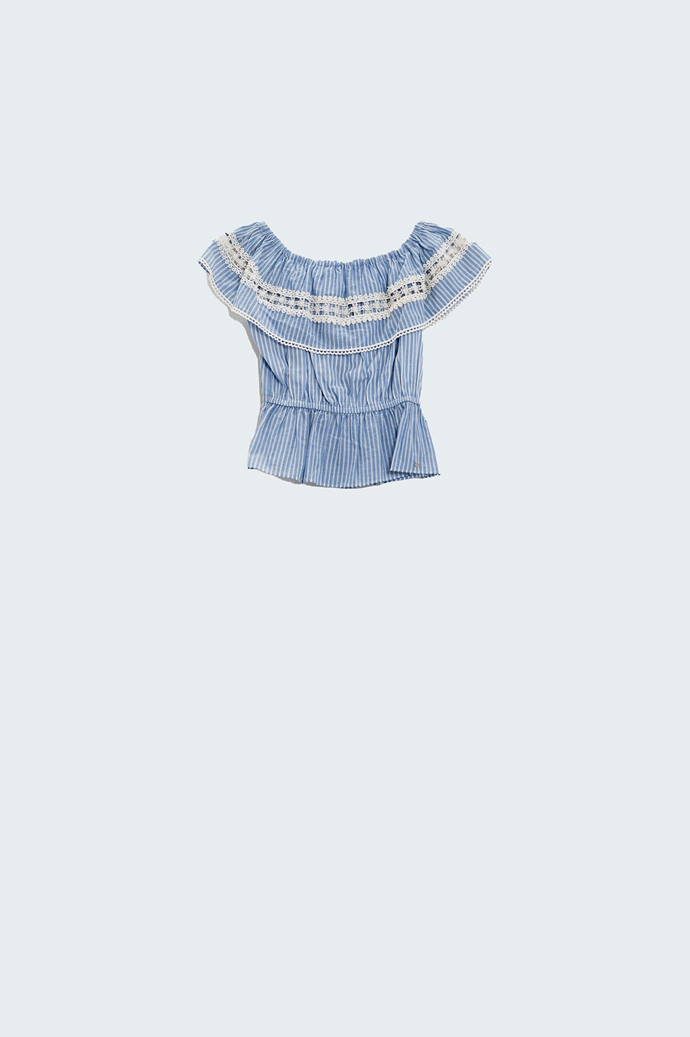 boat neck top in blue stripes with lace detail - Shirts