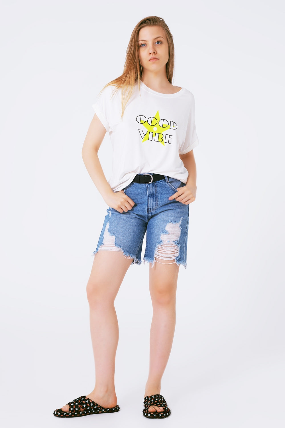 Boat neckline Relaxed fit T-shirt fluor good vibe logo - T-Shirts