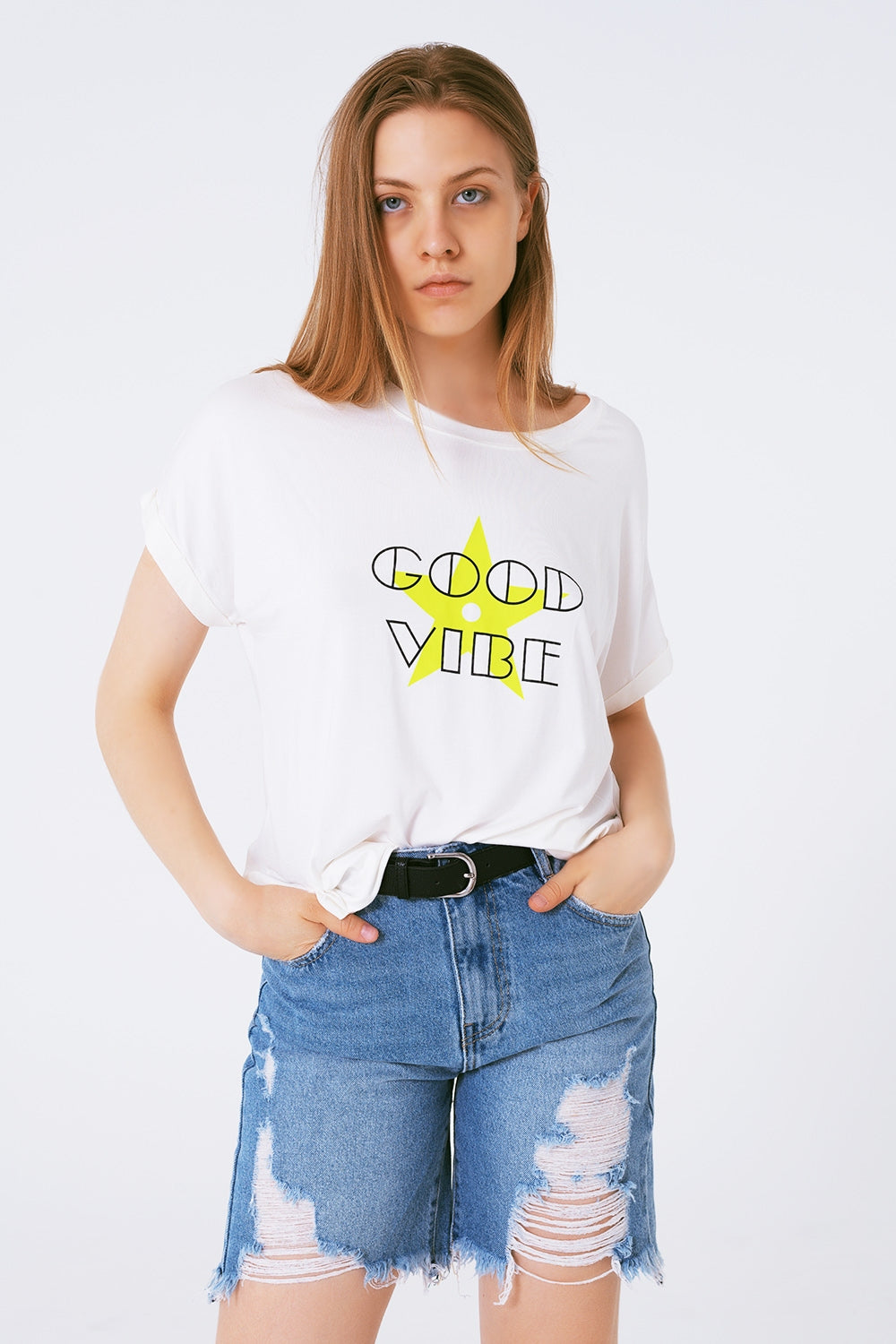Boat neckline Relaxed fit T-shirt fluor good vibe logo - T-Shirts