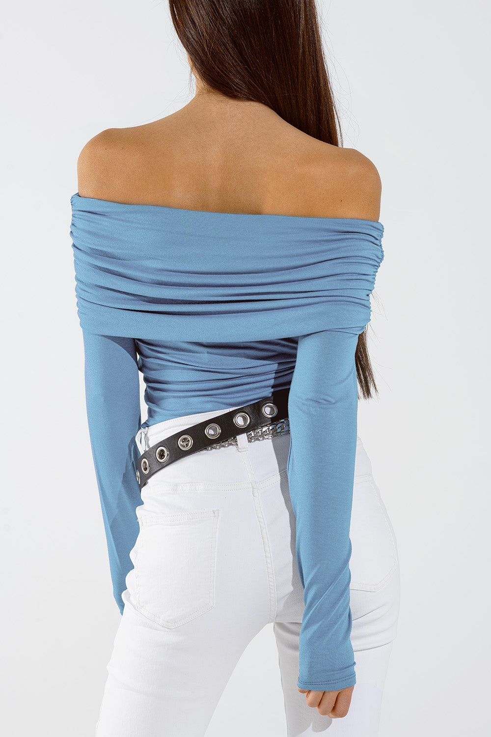 Bodycon Off Shoulder Top In Light Blue Q2 Tops BoutiqueLua