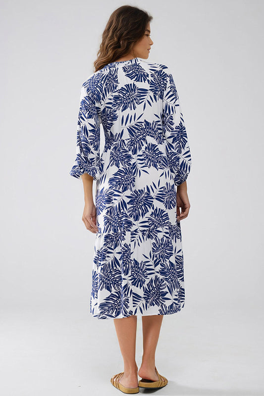 Boho Maxi Dress With Balloon Sleeves And Leaf Print In navy and White - Dresses