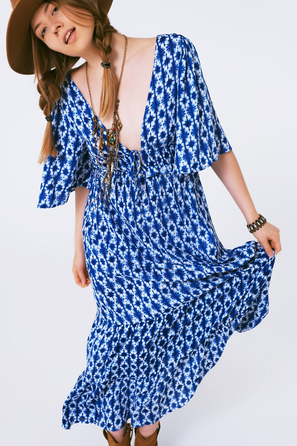 boho print maxi dress crossed on the back Q2 Dresses BoutiqueLua