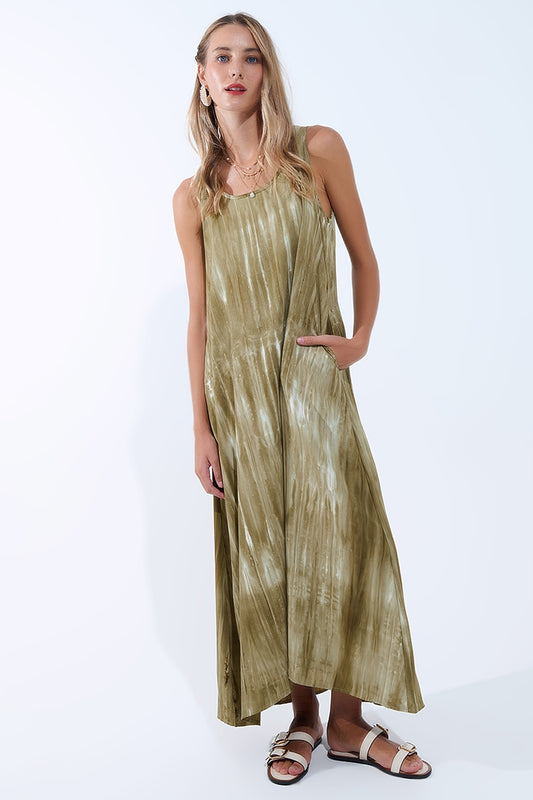 Boho Relaxed Dress in Kakhi Green Tie Dye in high quality fabric - Dresses