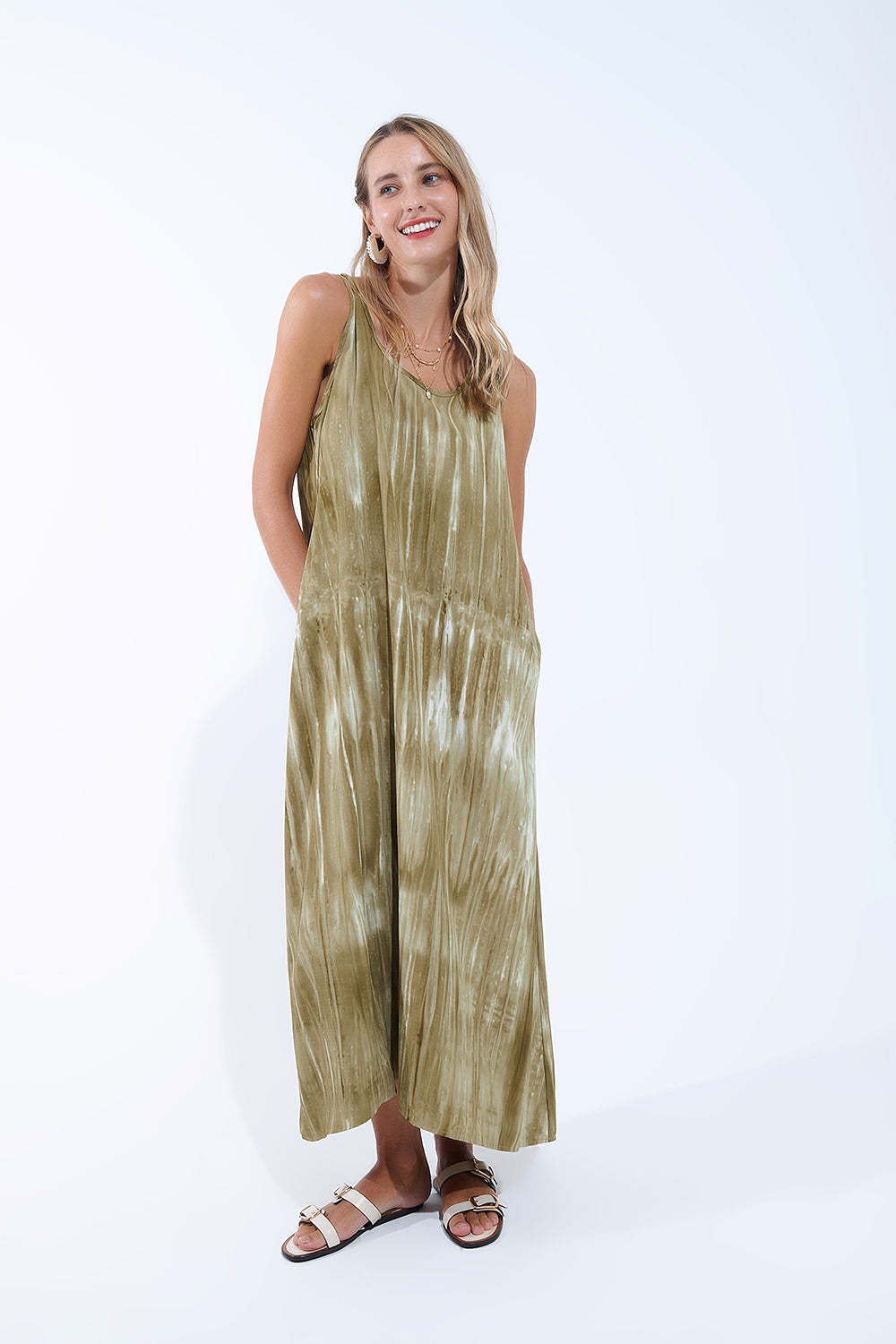 Boho Relaxed Dress in Kakhi Green Tie Dye in high quality fabric - Dresses