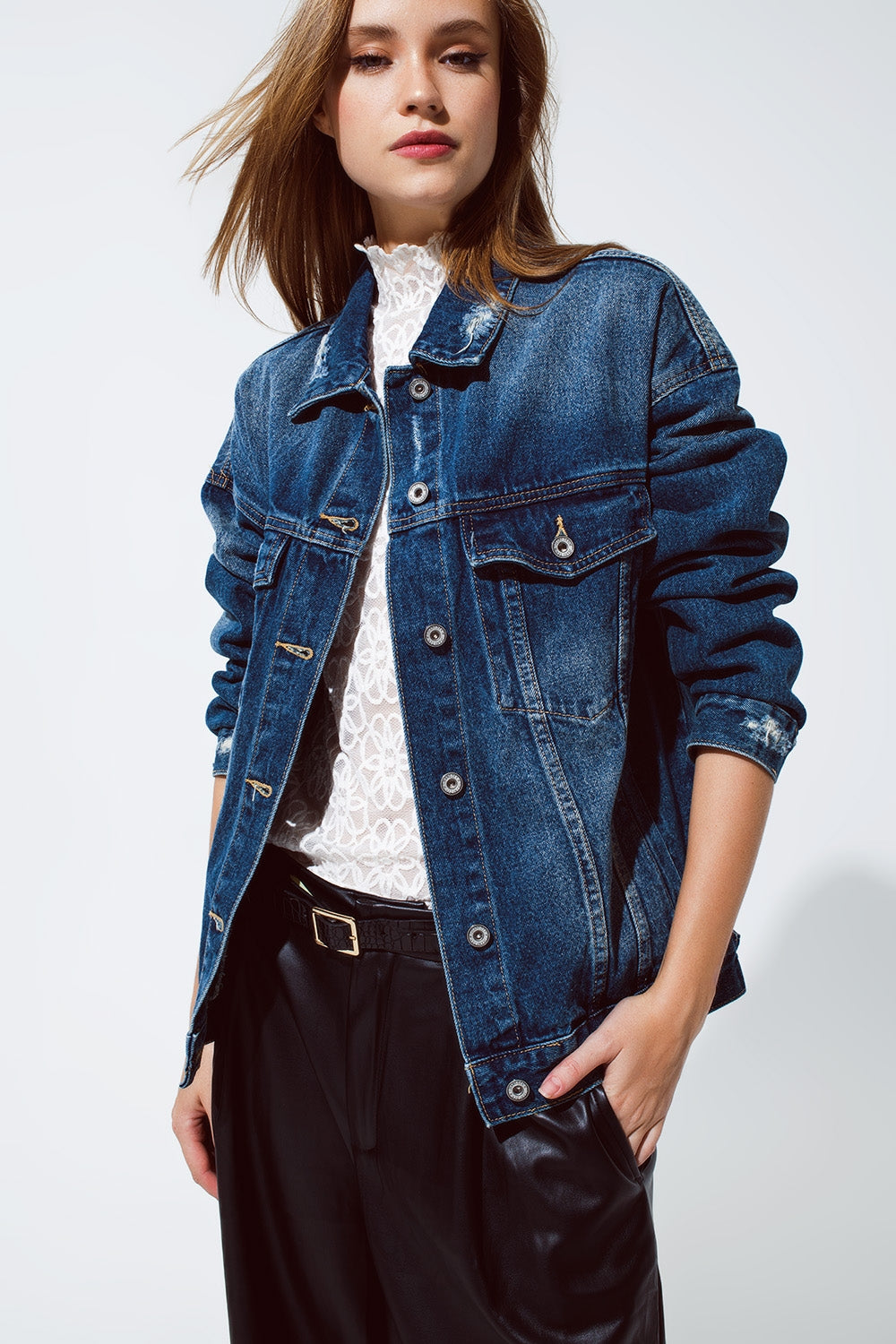 boyfriend relaxed denim jacket in dark wash Q2 Coats and Jackets BoutiqueLua