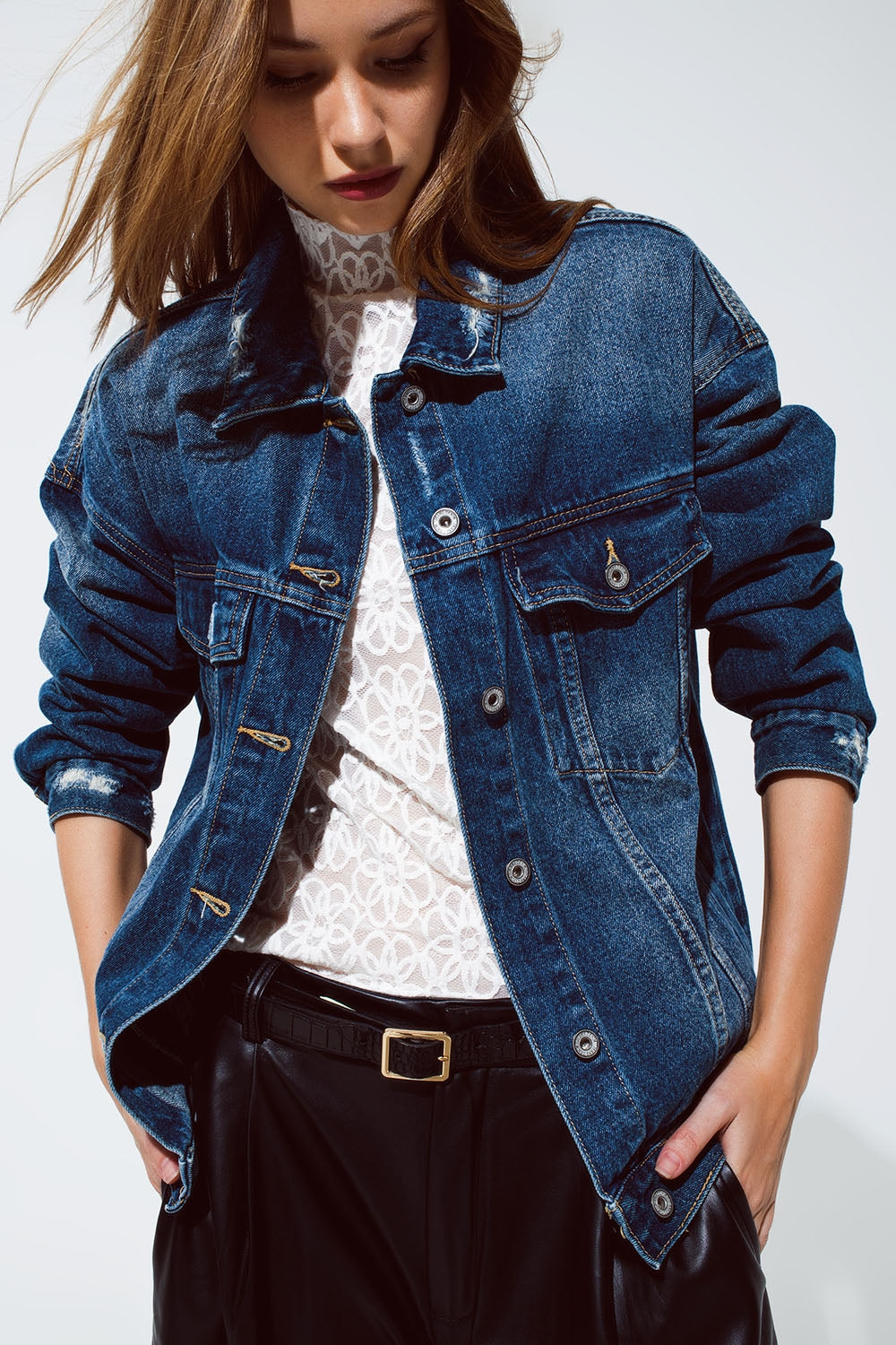 boyfriend relaxed denim jacket in dark wash Q2 Coats and Jackets BoutiqueLua