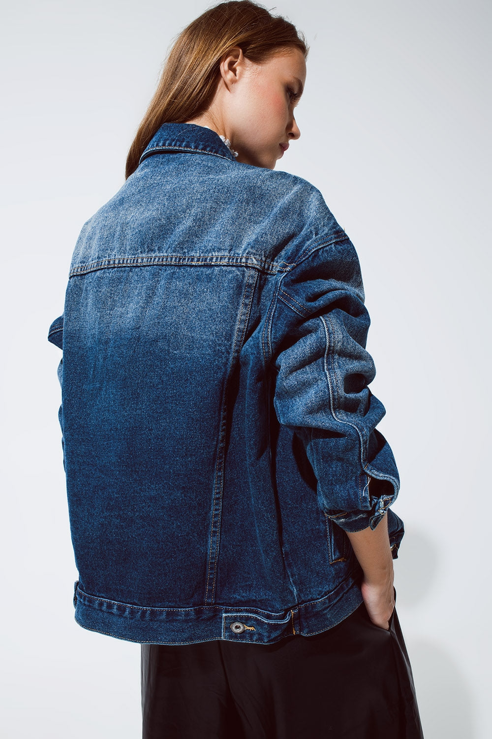 boyfriend relaxed denim jacket in dark wash Q2 Coats and Jackets BoutiqueLua