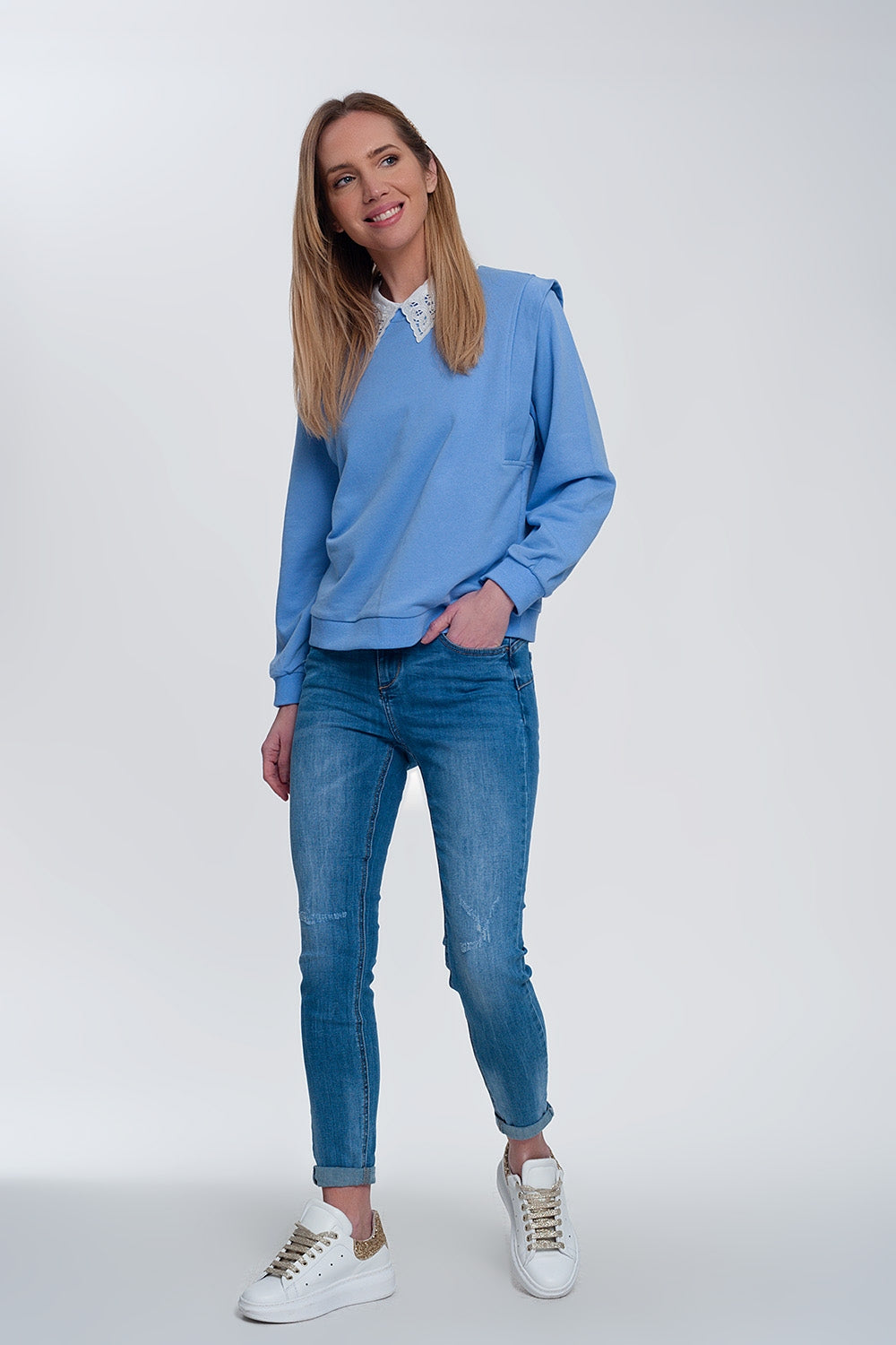 Boyfriend sweatshirt with shoulder details in blue Q2 Sweaters BoutiqueLua