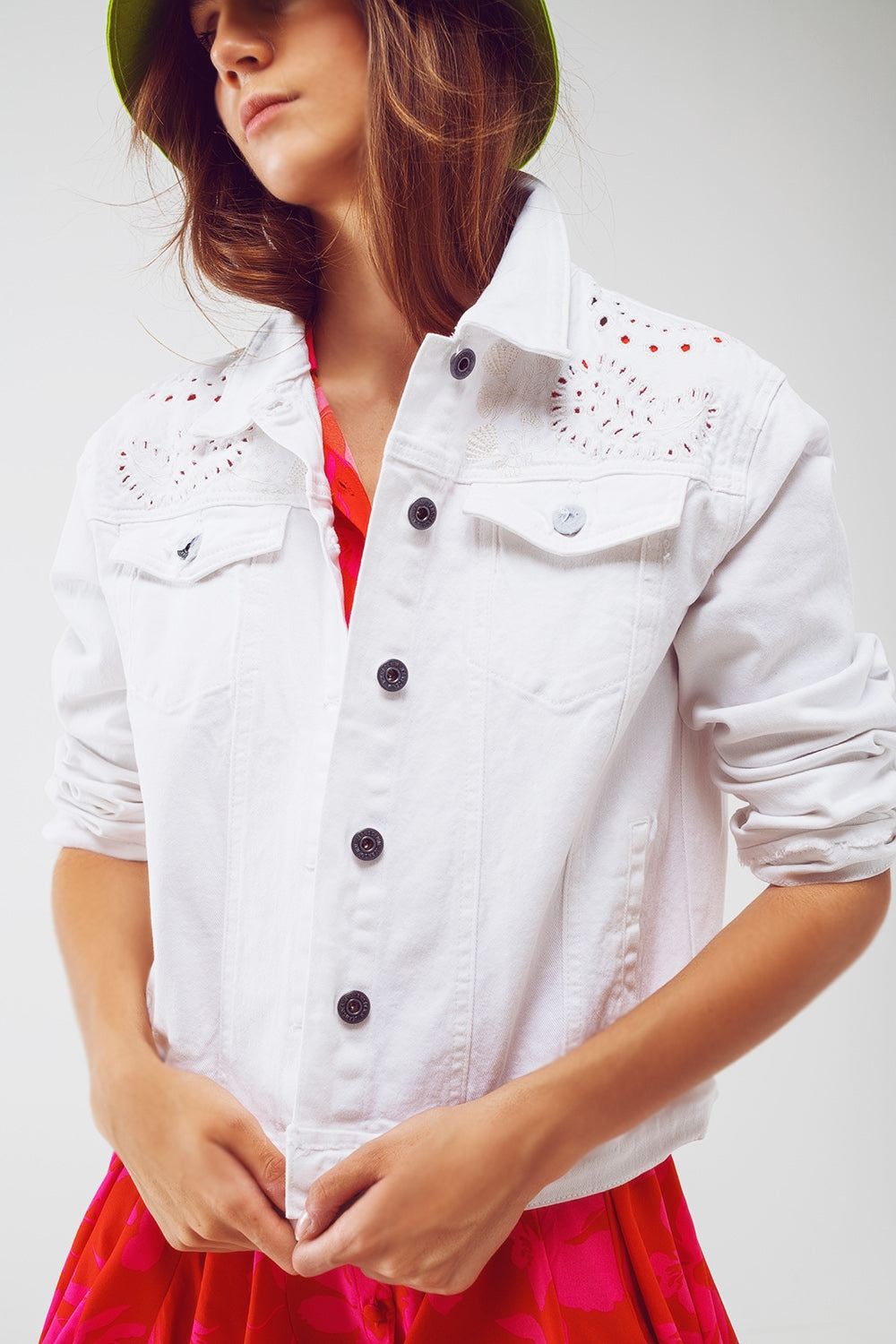 Broderie Denim Jacket in White Q2 Coats and Jackets BoutiqueLua