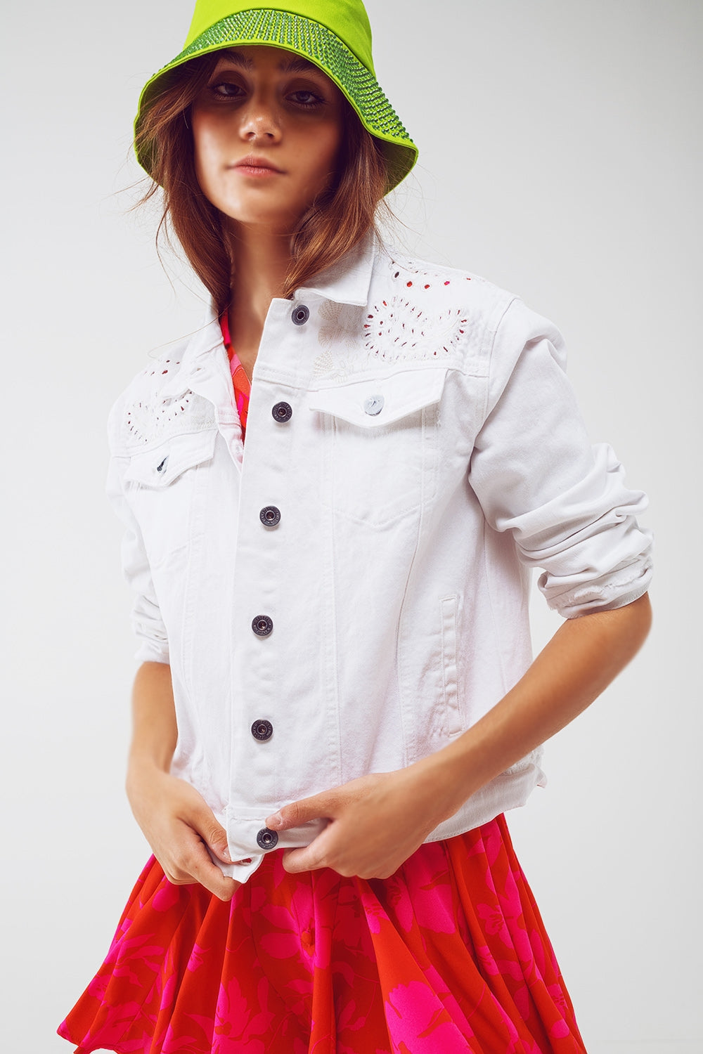 Broderie Denim Jacket in White Q2 Coats and Jackets BoutiqueLua