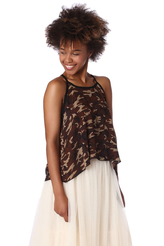 Brown camo print dip hem top - Tops