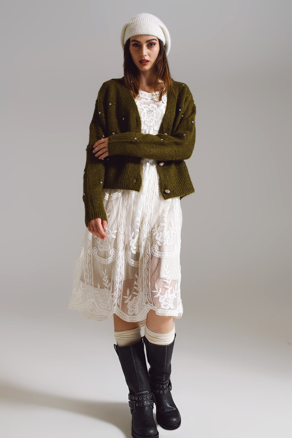 Brown cardigan with knitted flowers and embellished details in Military Green Q2 Sweaters BoutiqueLua