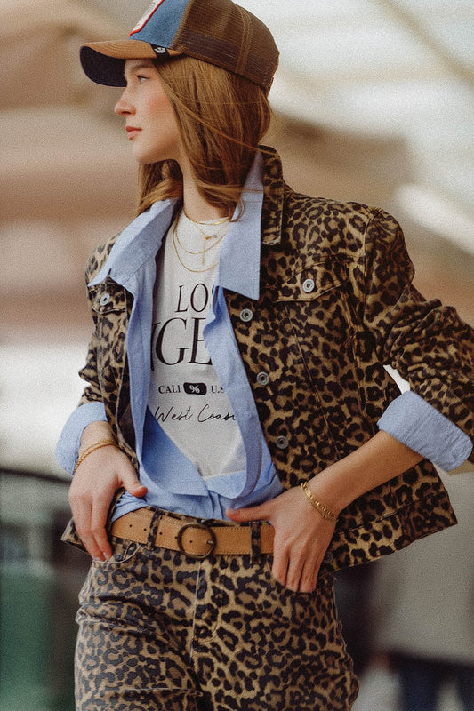 Q2 Brown Jacket with leopard Print in denim fabric