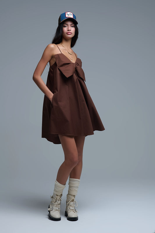 Brown poplin mini dress with a big bow detail - Dresses