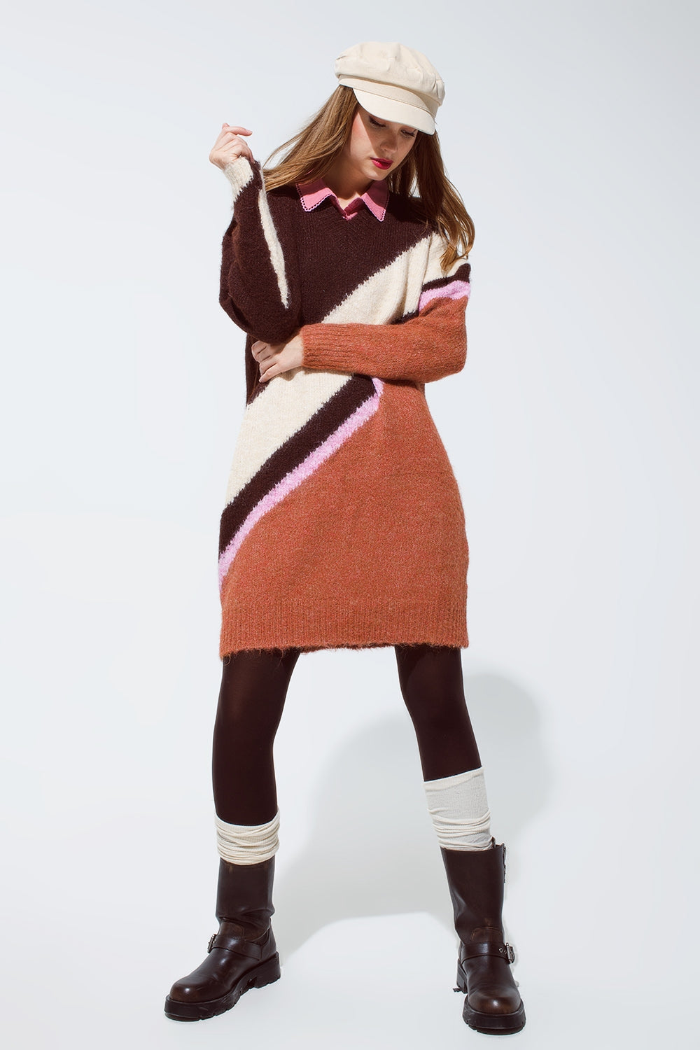 Brown striped oversized chunky knit dress with crew neck - Dresses