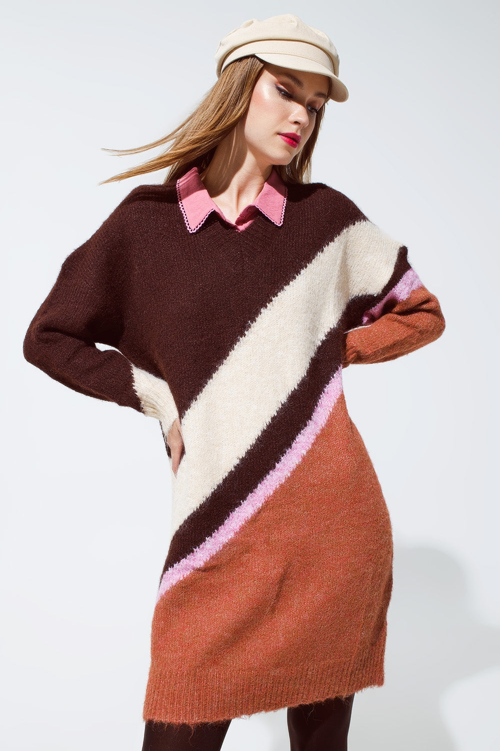Brown striped oversized chunky knit dress with crew neck - Dresses
