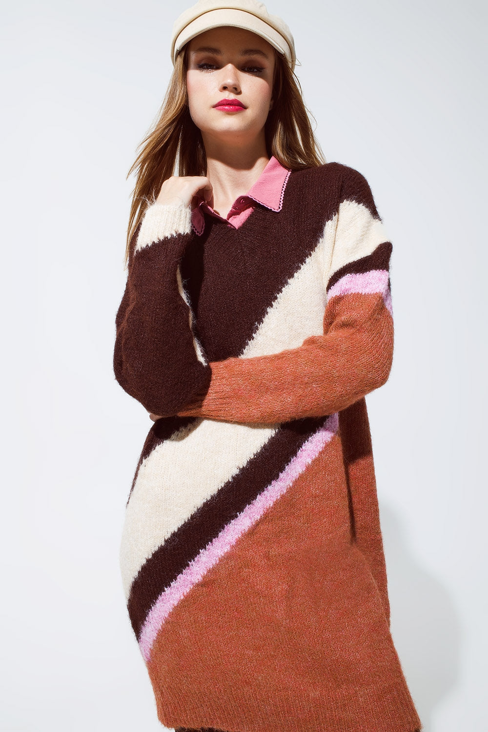 Brown striped oversized chunky knit dress with crew neck - Dresses