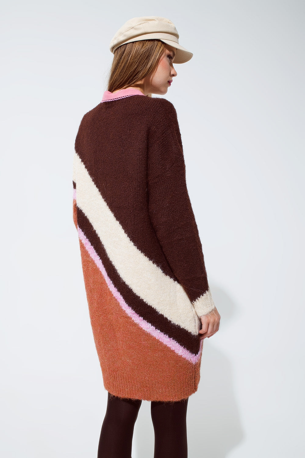Brown striped oversized chunky knit dress with crew neck - Dresses