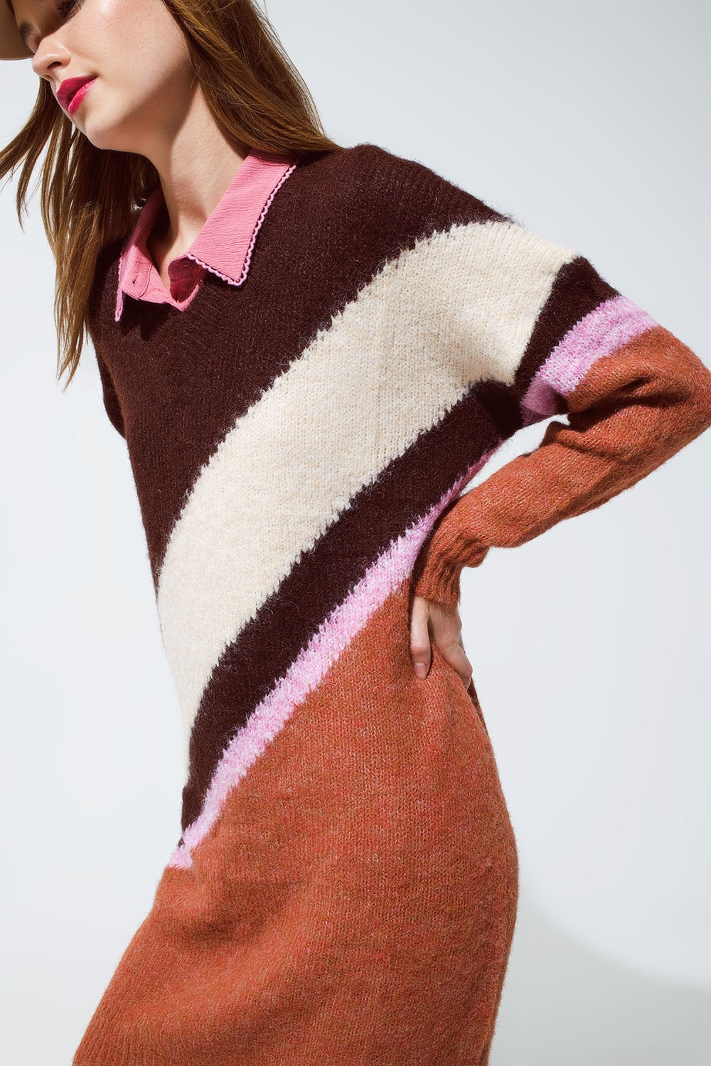 Brown striped oversized chunky knit dress with crew neck - Dresses