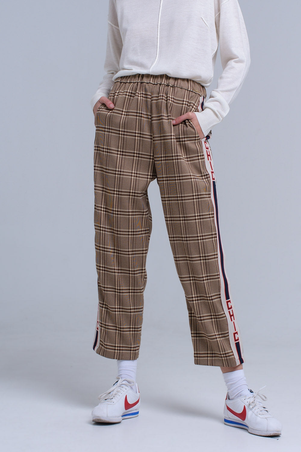 Brown tartan pattern pants - Trousers