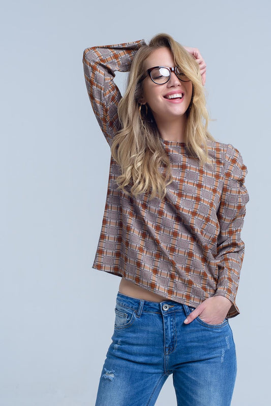 Brown top with check print - Tops
